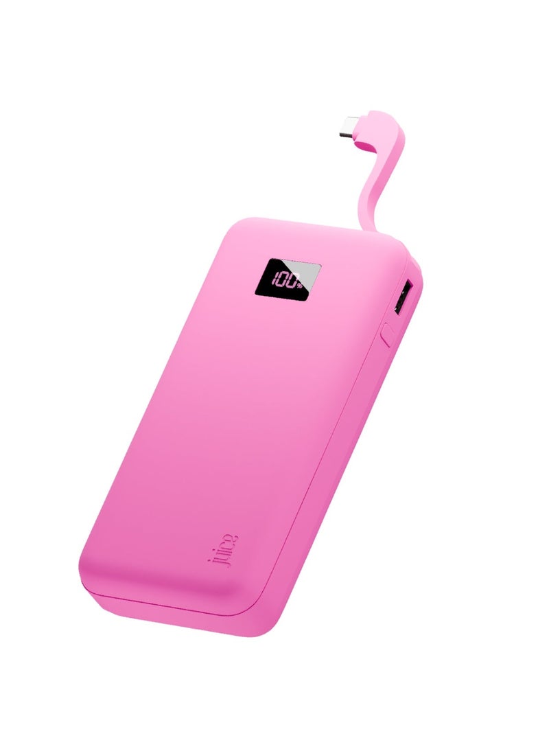 جوس بنك الطاقة المدمج Juice Eco، شاحن محمول 16000 مللي أمبير في الساعة مع كابل USB-C مدمج وشاشة رقمية، مخرج USB-C سريع، بنك الطاقة لأجهزة iPhone 15 16 Pro Max وSamsung وAndroid وiPad وDJI - وردي - Image 1